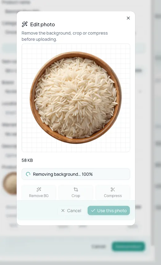 Removing the background from a product photo during upload, with crop and compression options
