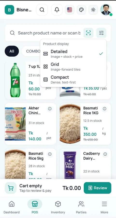 Switching the mobile point of sale between detailed, grid and compact product views