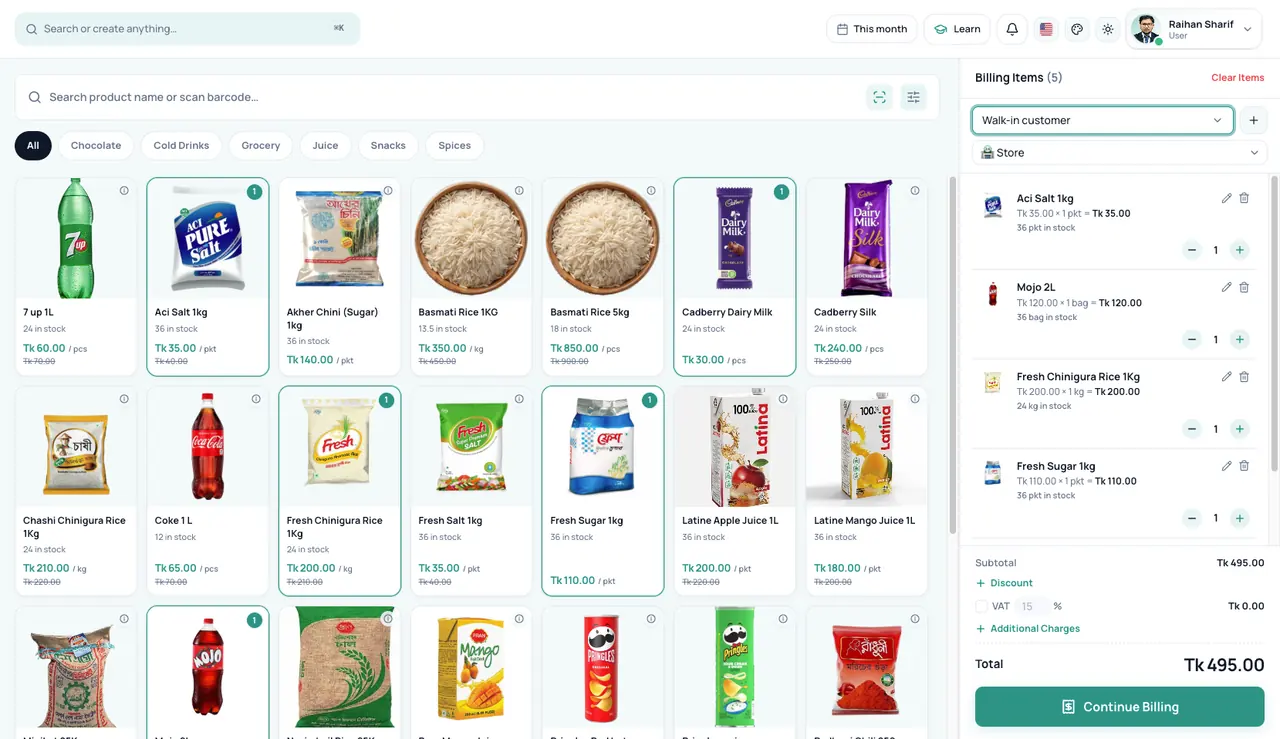 The Bisnesy point of sale with a product grid, a live billing panel and the running total