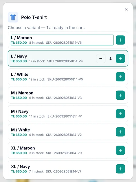 Picking a size and colour variant of a polo T-shirt at the till